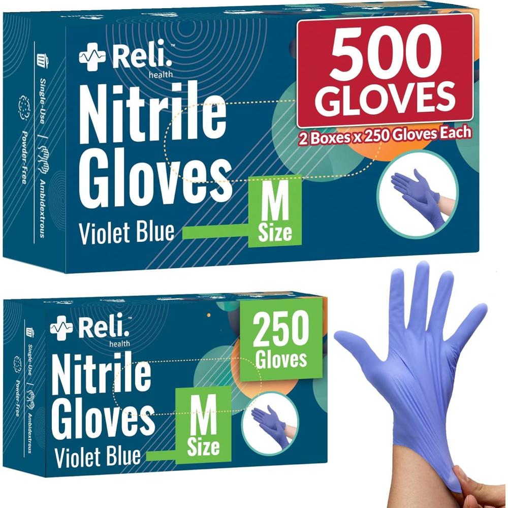 imageReli Nitrile Gloves Medium 500 Pack Bulk Disposable Gloves Powder Free Latex Free SingleUse Premium Nitrile Material for Cleaning Automotive Salon Food Safe Violet BlueIris Blue