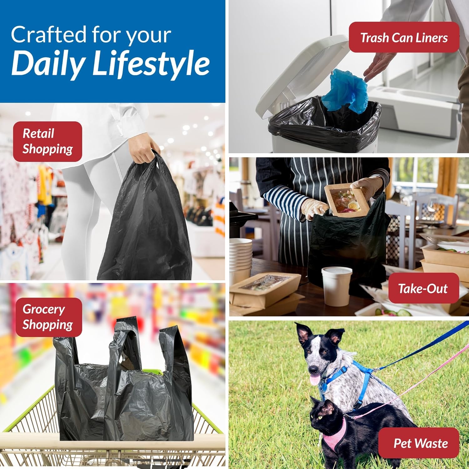 image:imageReli Tshirt Plastic Bags 175 Pack Black Plastic Bags with Handles Plain Ideal for Grocery Shopping Food Take OutTo Go Small Business