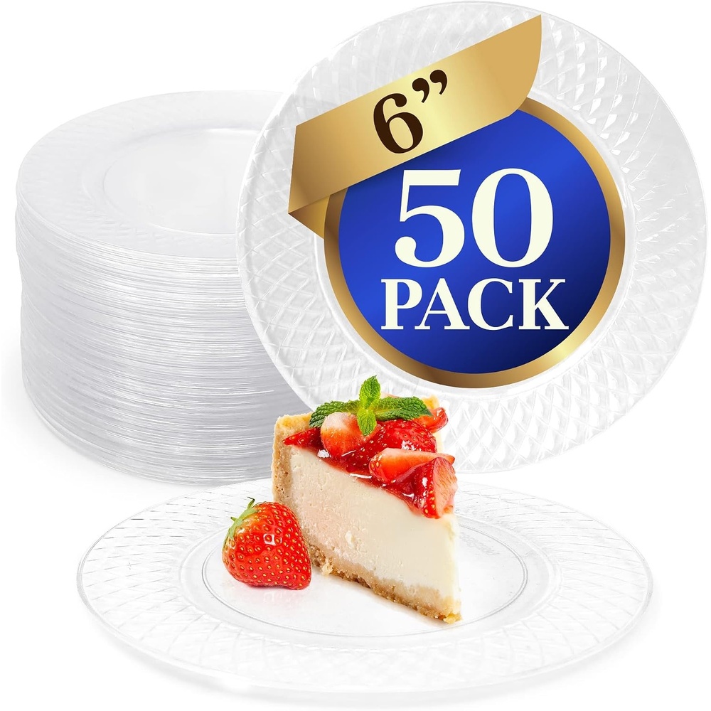 image:imageReli 50 Pcs Plastic Dessert Plates Disposable 6 inch Clear Small Plates for Party Heavy Duty Hard Plastic Dessert Platter for Cake Wedding Birthday SaladAppetizer 6