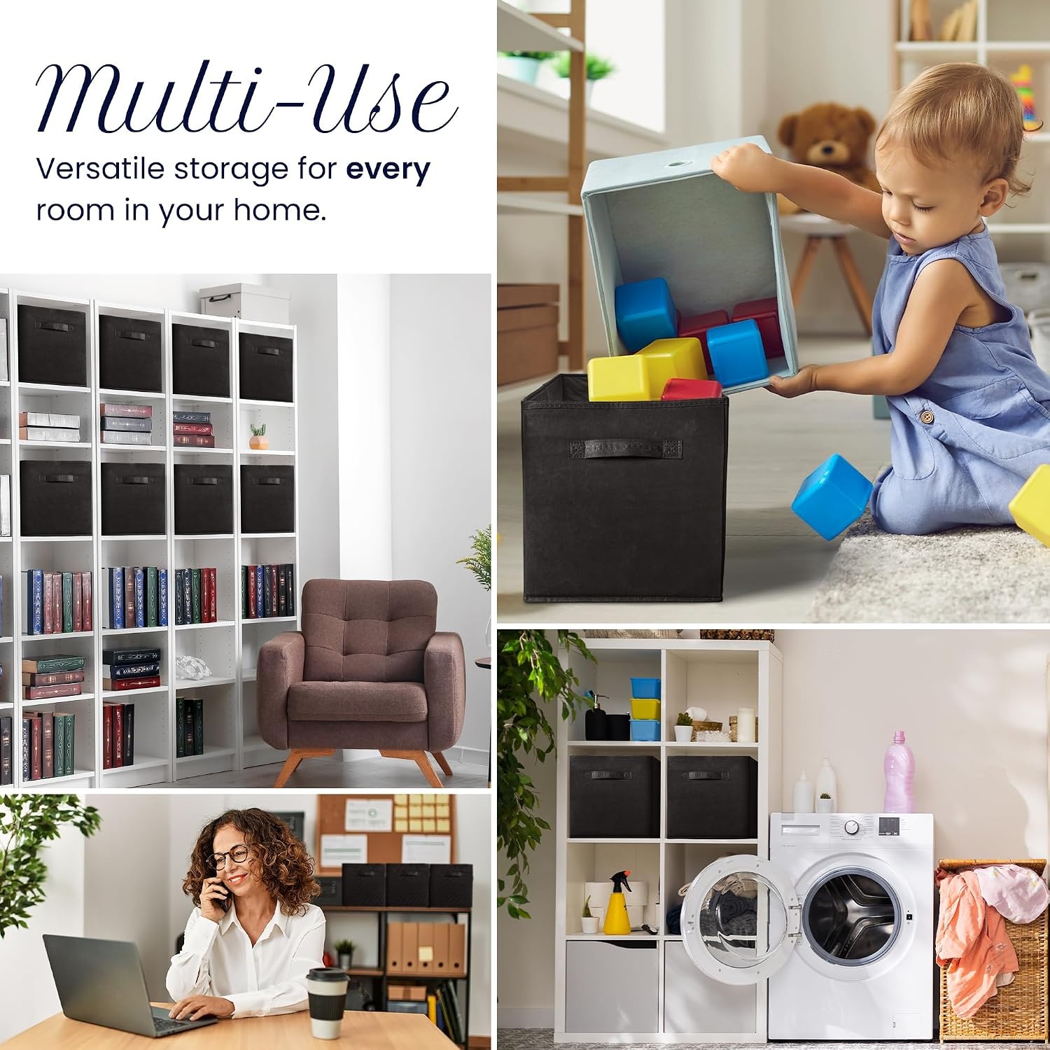 image:imageReli 13x13x13 Storage Cube Bins 8 Pack Large Cube Organizer Bins 13x13 Fabric Storage Boxes Fits Kallax Collapsible Foldable Fabric Cubby Box Square Kids Room Organization Black