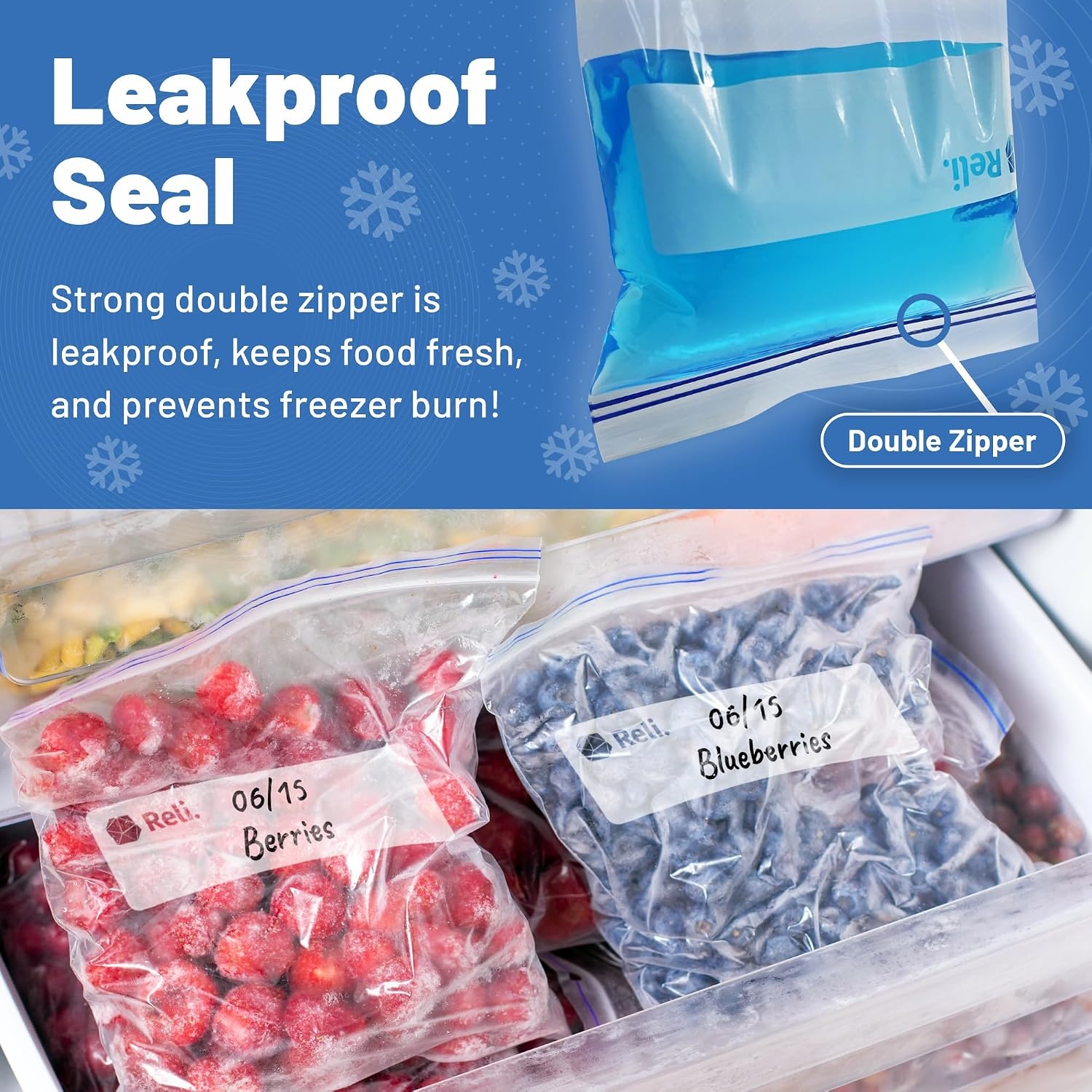 image:imageReli Gallon Freezer Bags 150pk Resealable Freezer Storage Gallon Size Food Storage Resealable Bags LeakProof Double Zipper MicrowaveSafe WriteOn Label BPA Free