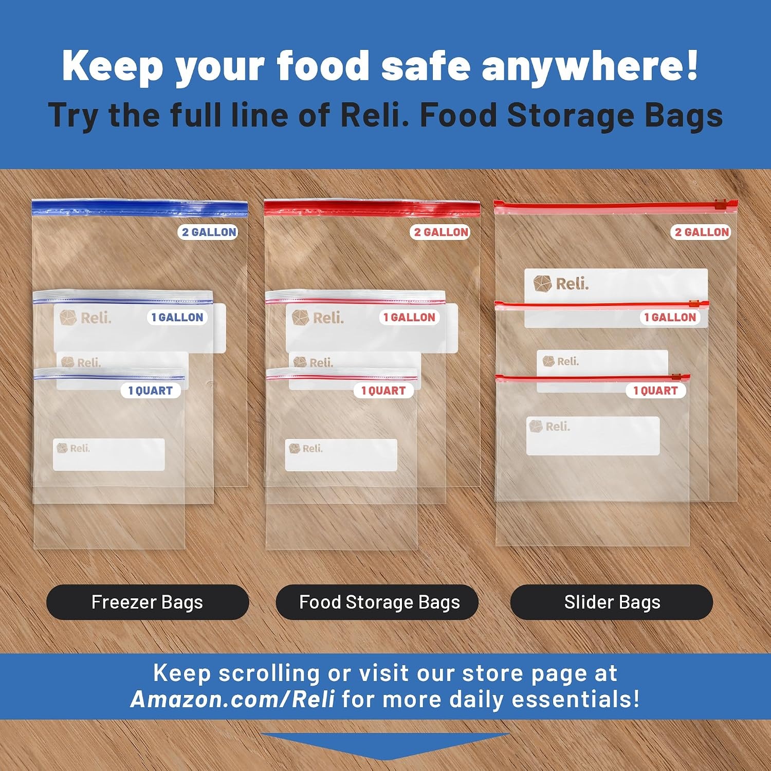 image:imageReli Gallon Freezer Bags 150pk Resealable Freezer Storage Gallon Size Food Storage Resealable Bags LeakProof Double Zipper MicrowaveSafe WriteOn Label BPA Free