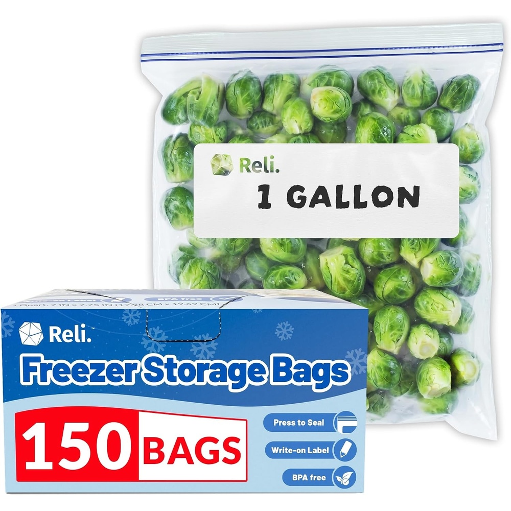 image:imageReli Gallon Freezer Bags 150pk Resealable Freezer Storage Gallon Size Food Storage Resealable Bags LeakProof Double Zipper MicrowaveSafe WriteOn Label BPA Free