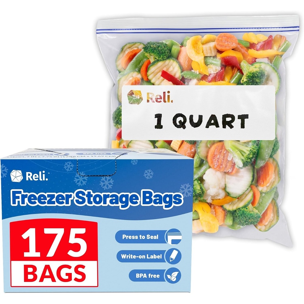 image:imageReli Quart Freezer Bags 175pk Resealable Freezer Storage Quart Size Food Storage Resealable Bags LeakProof Double Zipper MicrowaveSafe WriteOn Label BPA Free