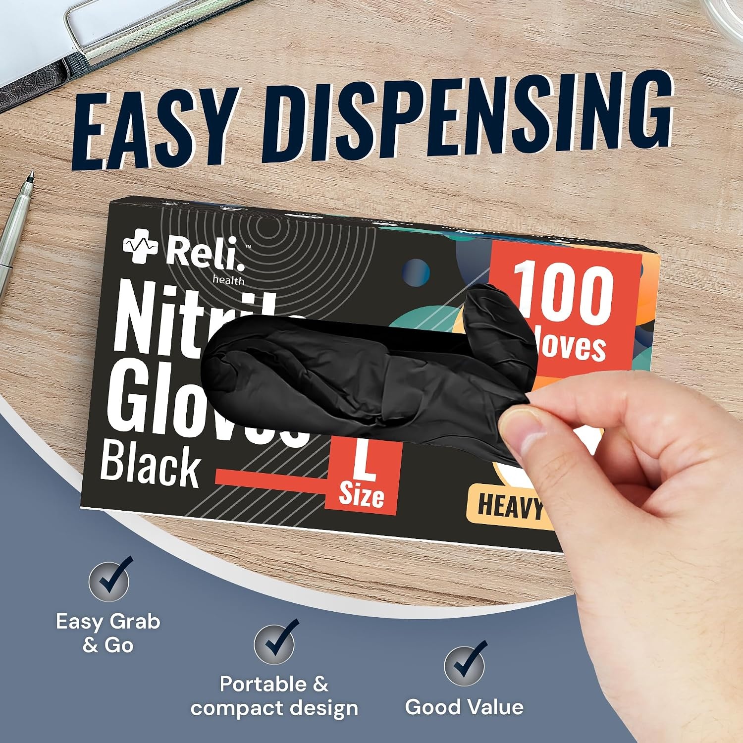 image:imageReli Black Nitrile Gloves Large 100 Pack Heavy Duty Disposable Gloves Powder Free Latex Free Food Safe SingleUse Premium Nitrile Rubber Material for Mechanic Cleaning Cooking