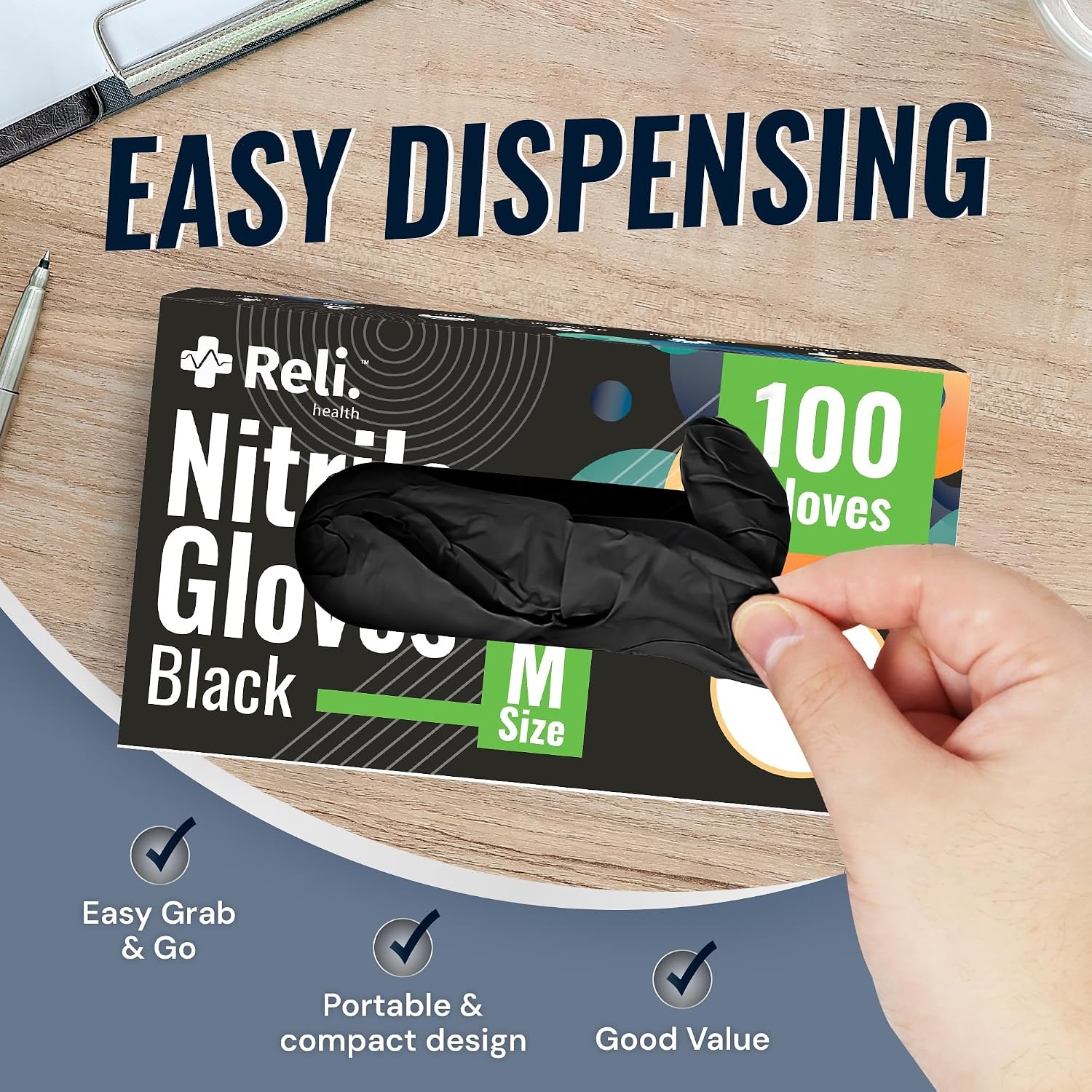 image:imageReli Black Nitrile Gloves Medium Disposable Gloves 100 Pack Powder Free Latex Free Food Safe SingleUse Premium Nitrile Rubber Material for Automotive Work Cleaning Cooking