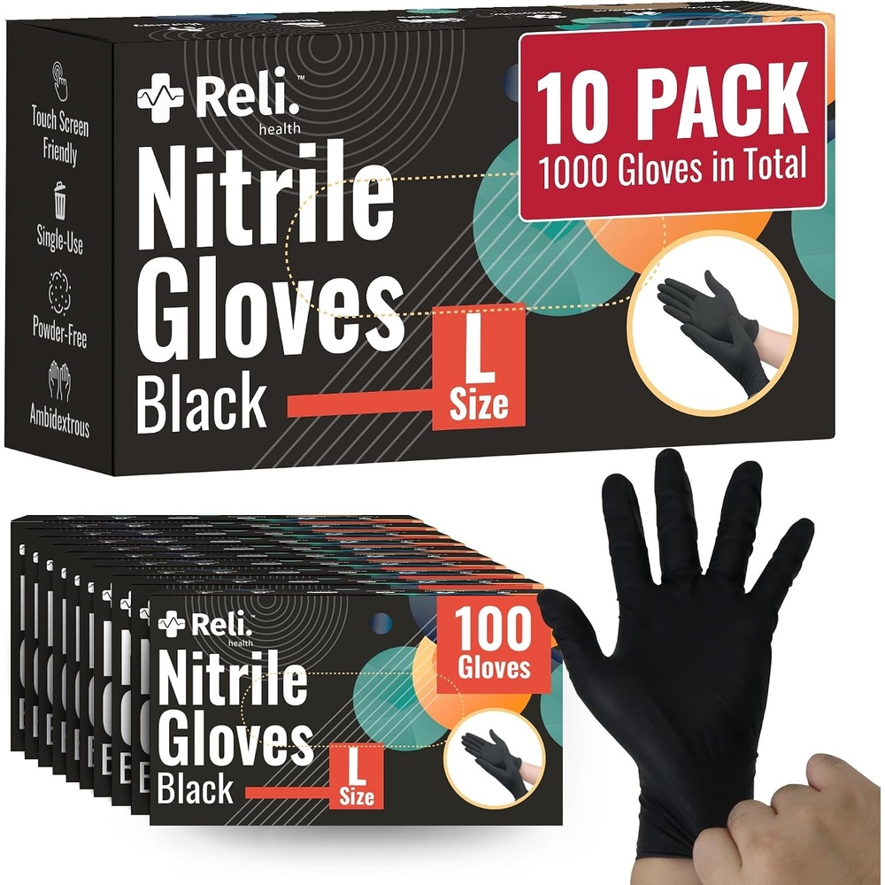 image:imageReli Black Nitrile Gloves Large Disposable Gloves 1000 Pack Bulk Powder Free Latex Free Food Safe SingleUse Premium Nitrile Rubber Material for Automotive Work Cleaning Cooking