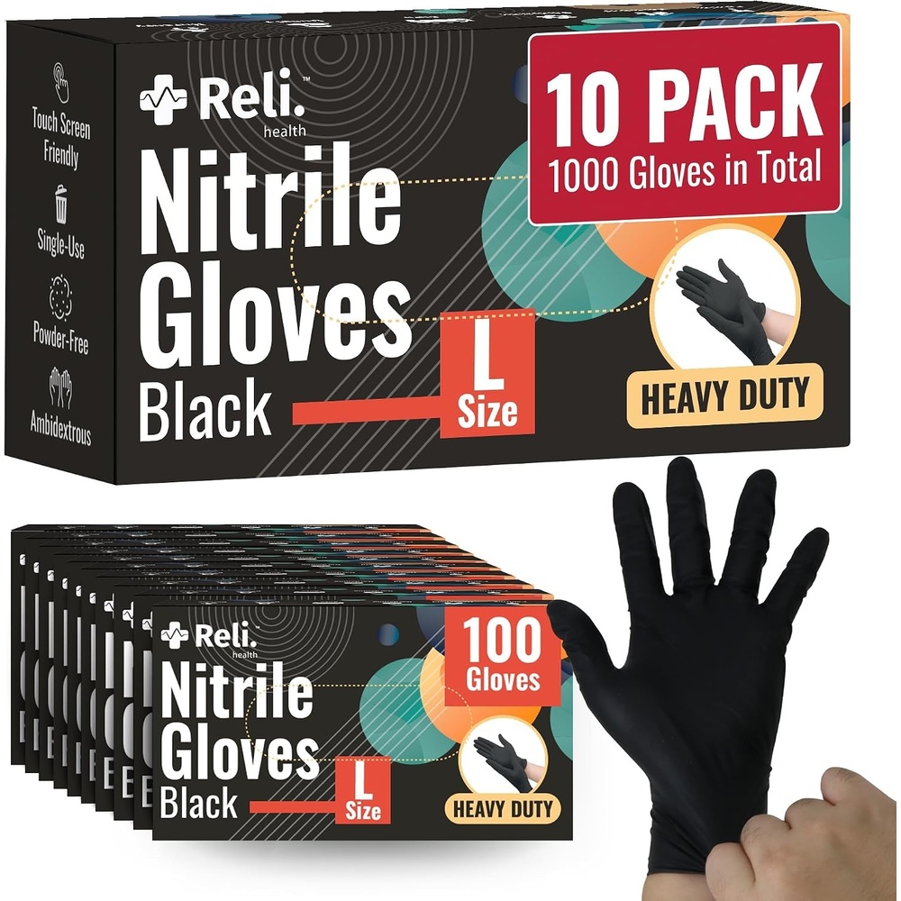 image:imageReli Black Nitrile Gloves Large 1000 Pack Bulk Heavy Duty Disposable Gloves Powder Free Latex Free Food Safe SingleUse Premium Nitrile Rubber Material for Mechanic Cleaning Cooking