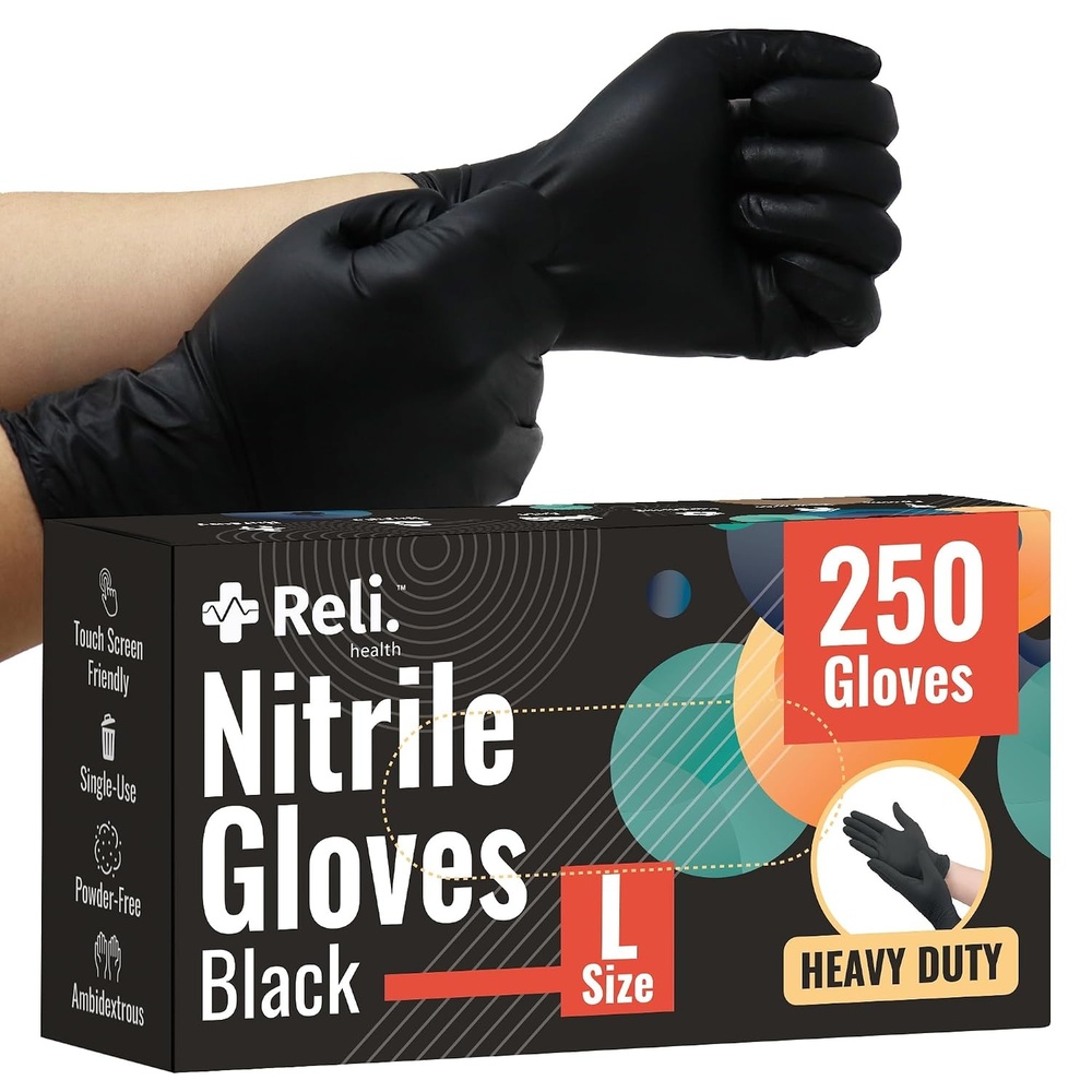 image:imageReli Black Nitrile Gloves Large 250 Pack Heavy Duty Disposable Gloves Powder Free Latex Free Food Safe SingleUse Premium Nitrile Rubber Material for Mechanic Cleaning Cooking