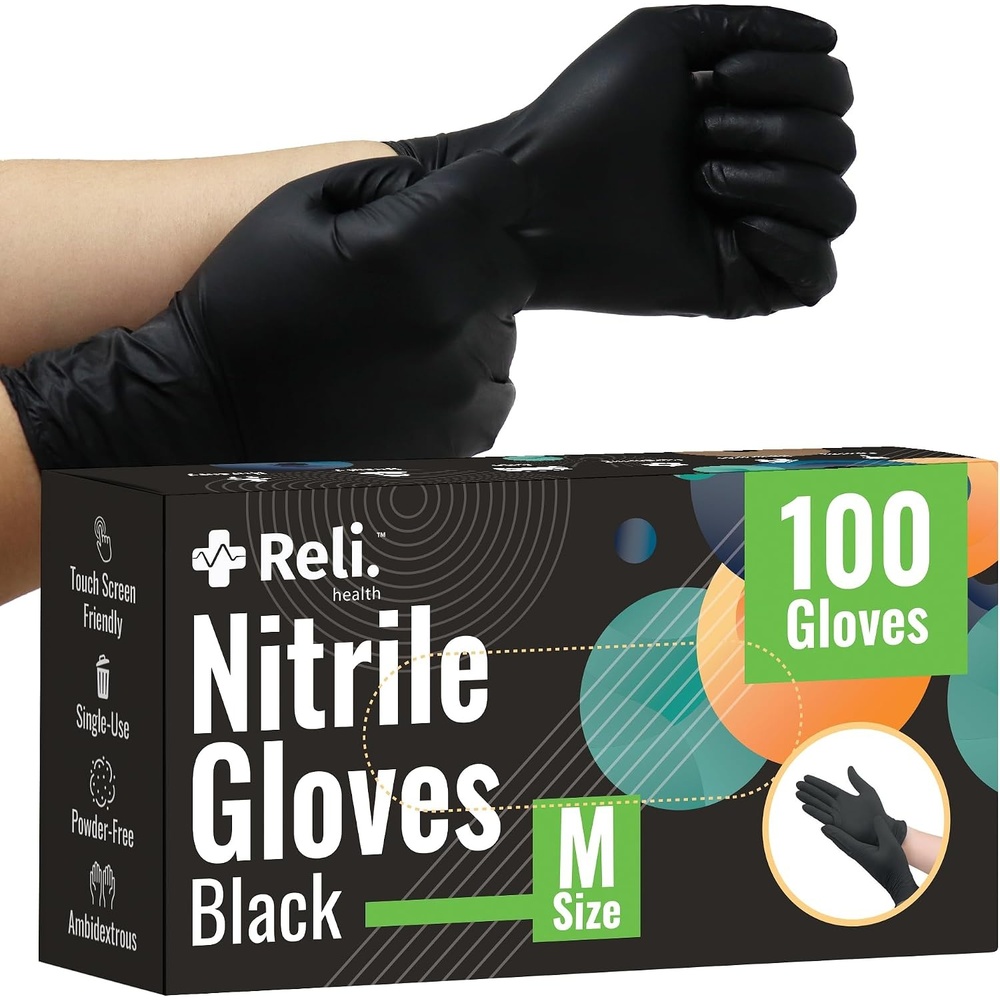 image:imageReli Black Nitrile Gloves Medium Disposable Gloves 100 Pack Powder Free Latex Free Food Safe SingleUse Premium Nitrile Rubber Material for Automotive Work Cleaning Cooking