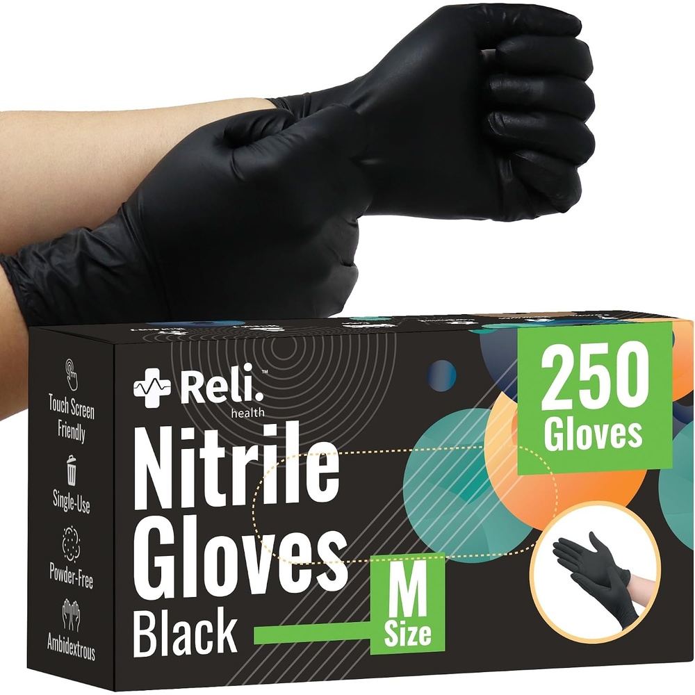 image:imageReli Black Nitrile Gloves Medium Disposable Gloves 250 Pack Powder Free Latex Free Food Safe SingleUse Premium Nitrile Rubber Material for Automotive Work Cleaning Cooking