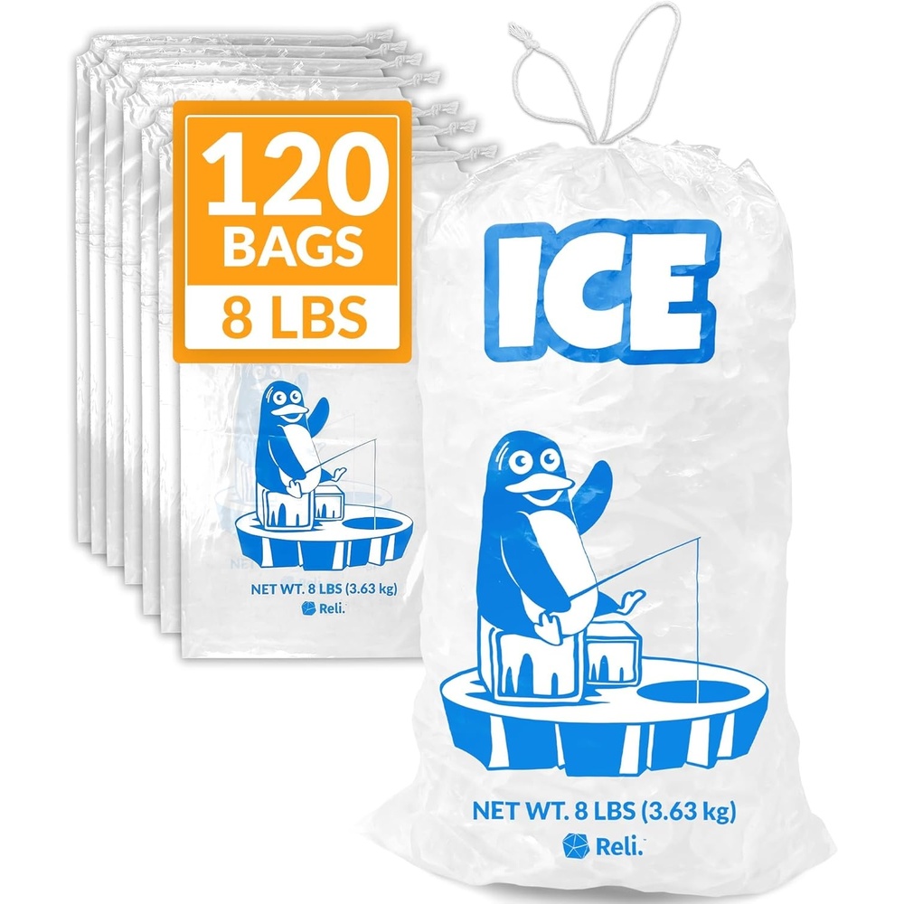 image:imageReli Plastic Ice Bags 8lb 120 Pack Bulk Cotton Drawstring 11x19 Reusable Heavy Duty Bags for Ice Machine Freezer Storage Clear Freezer Safe 15 Mil120