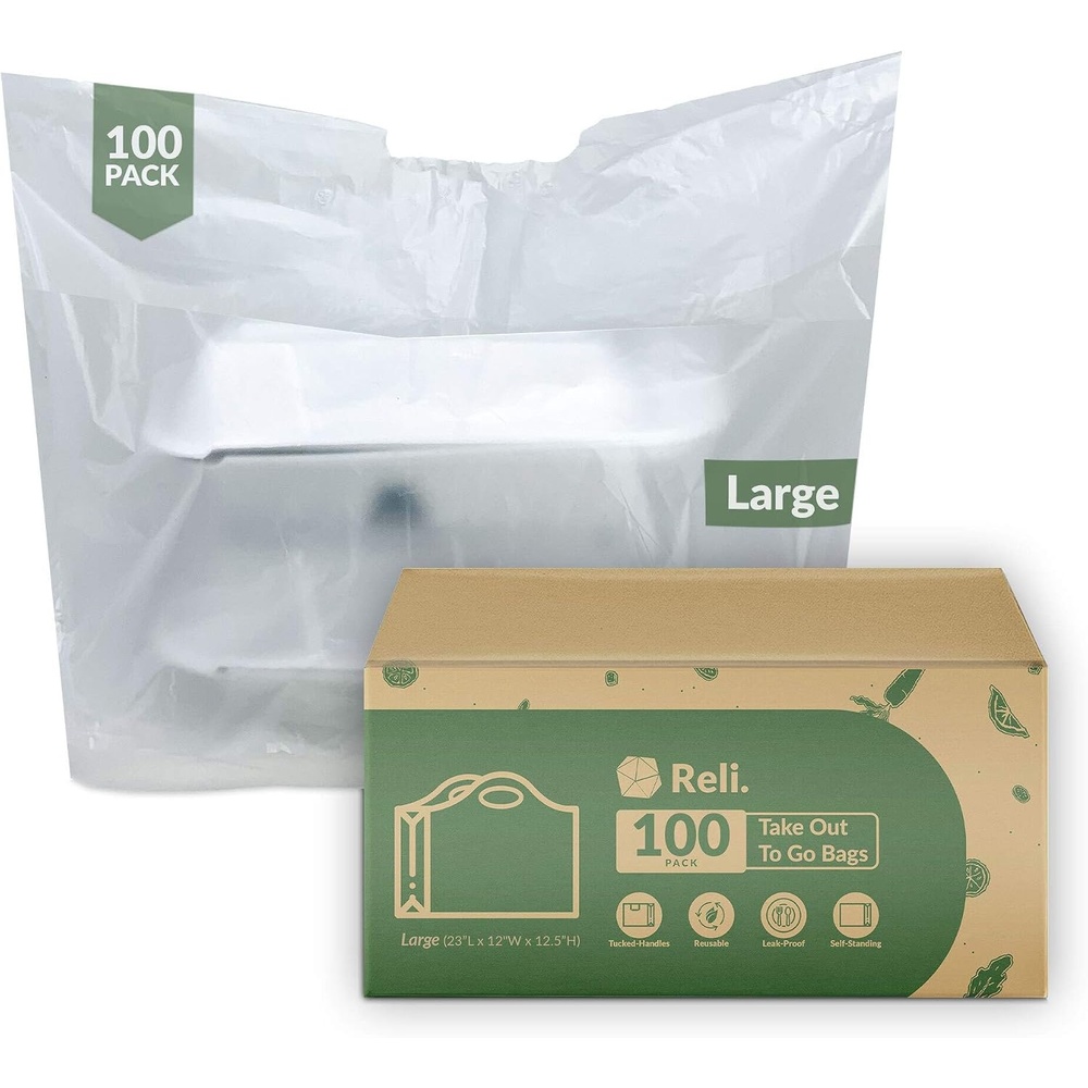 image:imageReli To Go BagsTake Out Bags 100 Count Large 23 L x 12 W x 125 H Reusable Plastic Bags with Handles Die Cut Handle Plastic Use for Shopping Business Carry Out Restaurant