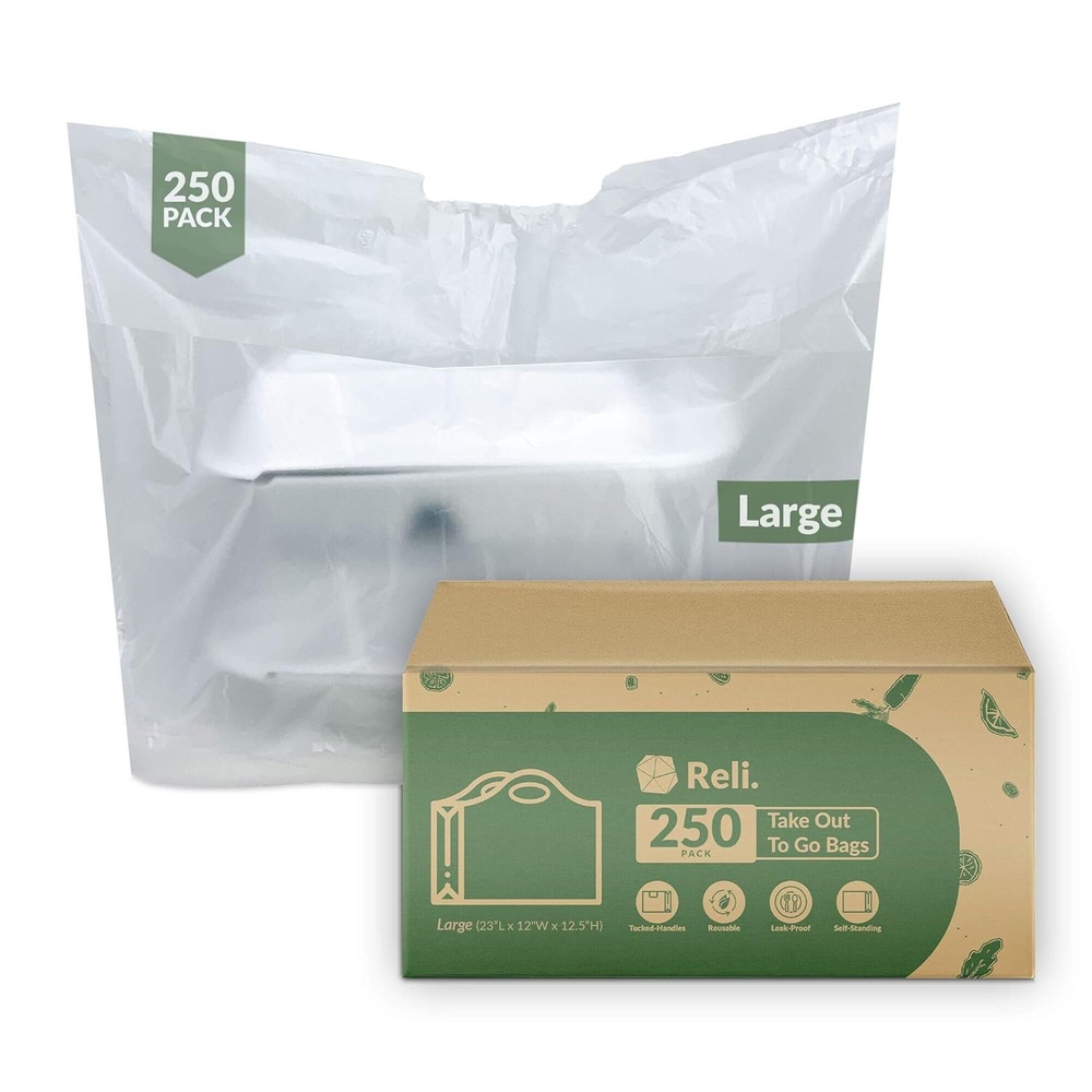 image:imageReli To GoTake Out Bags 250 Count BulkLarge 23L x 12 W x 125H Reusable Plastic Bags with Handles Die Cut Handle Plastic Use for Shopping Business Carry Out Restaurant