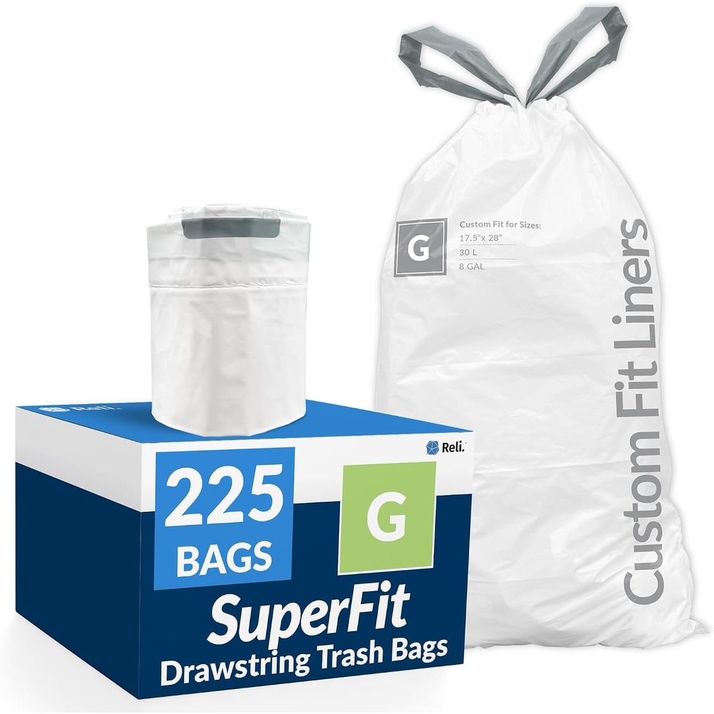 image:imageReli SuperFit Code G 225 Count Compatible with Simplehuman Code G Custom Fit Liners Drawstring Trash Bags 30 Liter 8 Gallon White Roll Pack