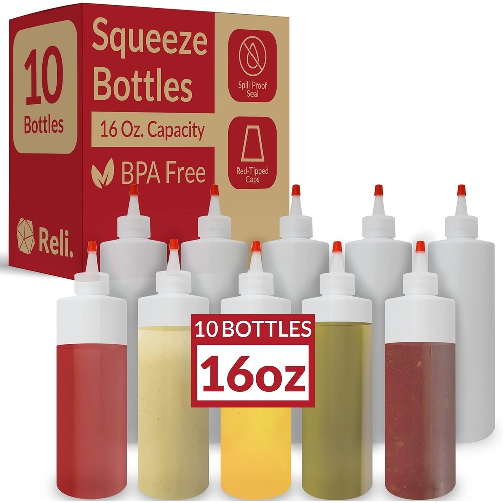 image:imageReli Plastic Squeeze Bottles 16 oz 10 Pack Clear with Red Tip Cap Condiment Squeeze Bottles for Sauces 16 Ounce Hot Sauce Ketchup Condiments Olive Oil BPA Free